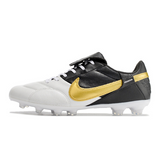 Chuteira de campo Nike Premier 3 FG branca, preta e dourada - VENI Futebol