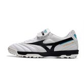 Chuteira de futebol society Mizuno Morelia Sala Classic TF branca, preta e azul - VENI Futebol