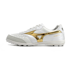 Chuteira de futebol para relvado sintético Mizuno Morelia Sala TF branca e dourada - VENI Futebol
