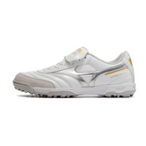 Weiße und silberne Mizuno Morelia TF Kunstrasen-Fußballschuhe - VENI Futebol