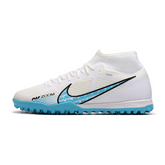 Nike Zoom Mercurial Superfly 9 Academy TF Fußballschuhe für Kunstrasen, Weiß und Blau - VENI Futebol