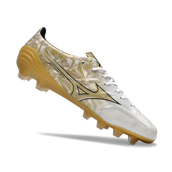 Chuteira Campo Mizuno Alpha FG Branca e Dourada - VENI Futebol