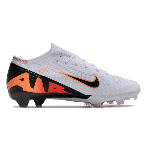 Chaussures de foot enfant Nike Zoom Mercurial Vapor 15 Elite FG blanches, noires et orange - VENI Futebol