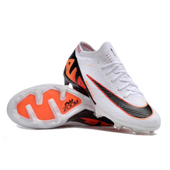 Chaussures de foot enfant pour terrain Nike Zoom Mercurial Vapor 15 Elite FG blanches, noires et orange - VENI Futebol
