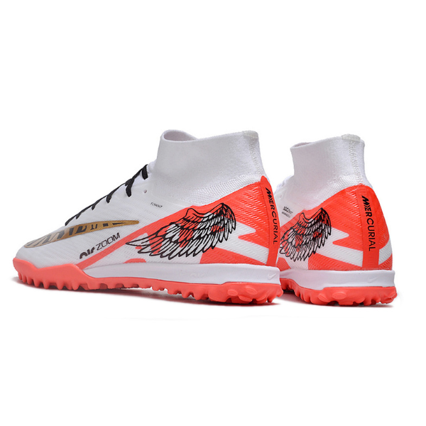 Chuteira Infantil Society Nike Zoom Mercurial Superfly 9 Elite TF Branca, Vermelha e Dourada - VENI Futebol