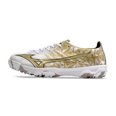 Chaussures de foot turf Mizuno Alpha TF blanches et dorées - VENI Futebol