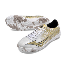 Chaussures de foot turf Mizuno Alpha TF blanches et dorées - VENI Futebol