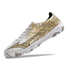 Chaussures de football turf Mizuno Alpha TF blanches et dorées - VENI Futebol