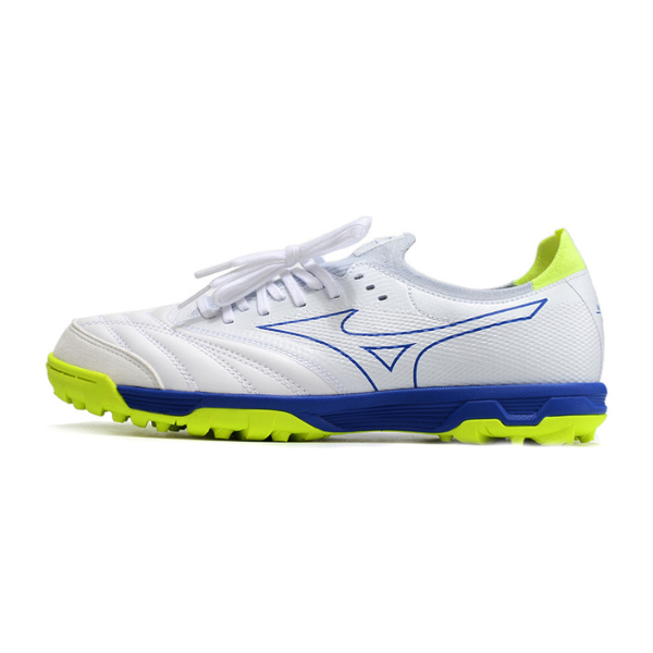 Chuteira de futebol society Mizuno Neo Sala TF branca, amarela e azul - VENI Futebol
